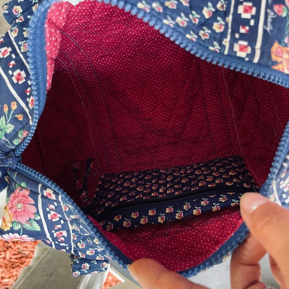 90s Vintage Vera Bradley Mini Duffel in Indiana Pattern Royal Blue Pocket Sides - Picture 9 of 17